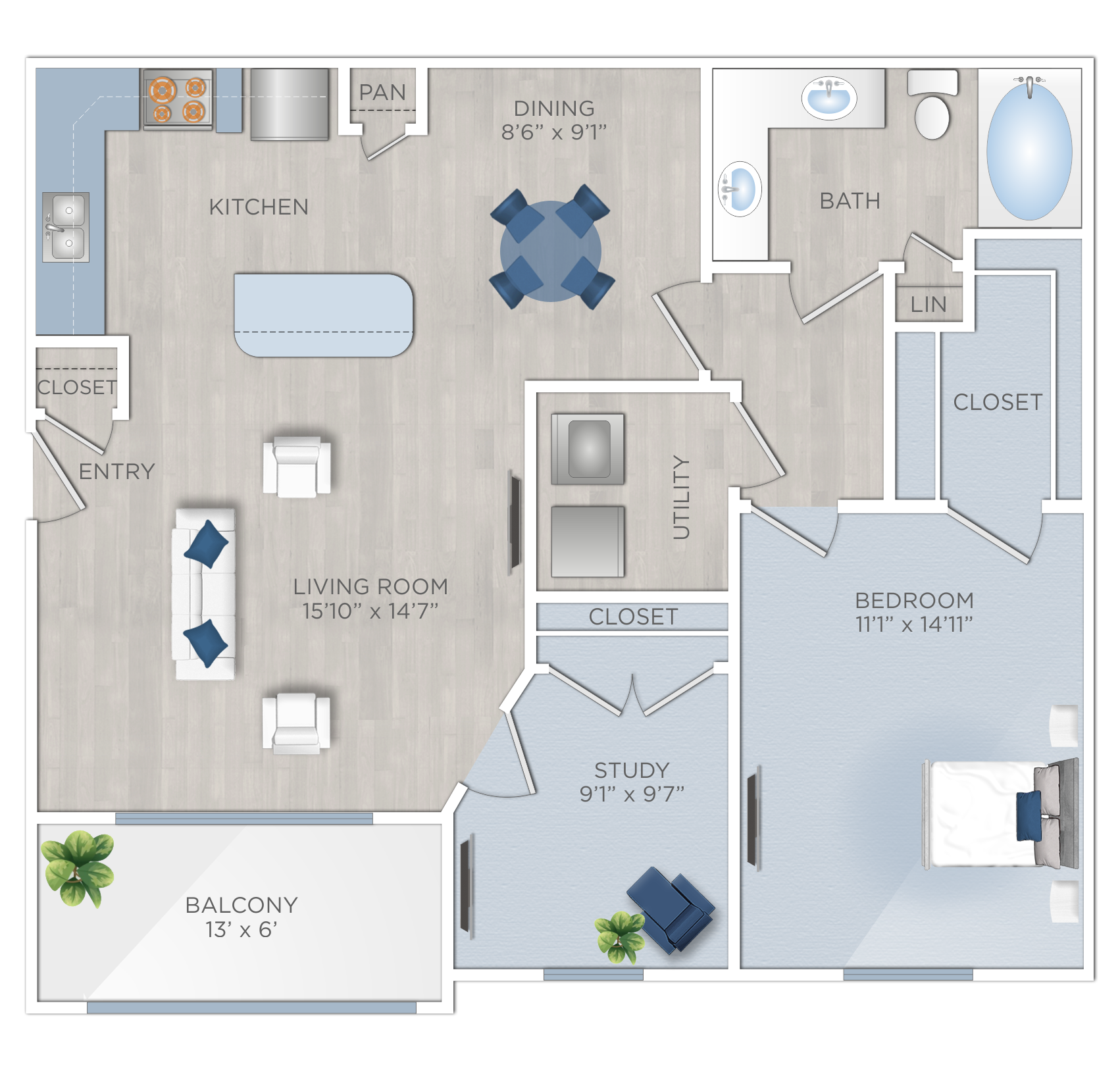 Floor plan for 2 beds, 1 bath, 946 sqft
